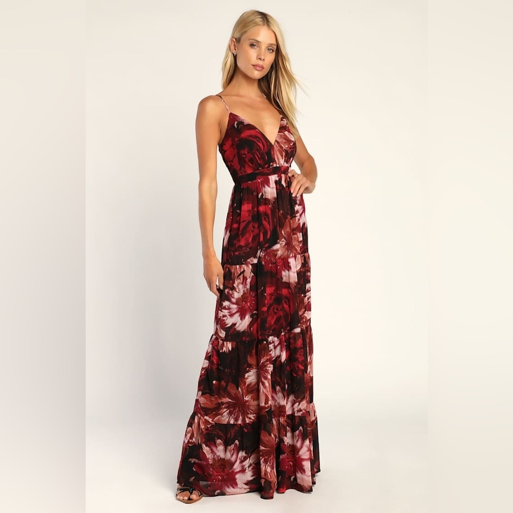 Lulu’s S Gorgeous Blooms Burgundy Tiered Maxi Dress As Is